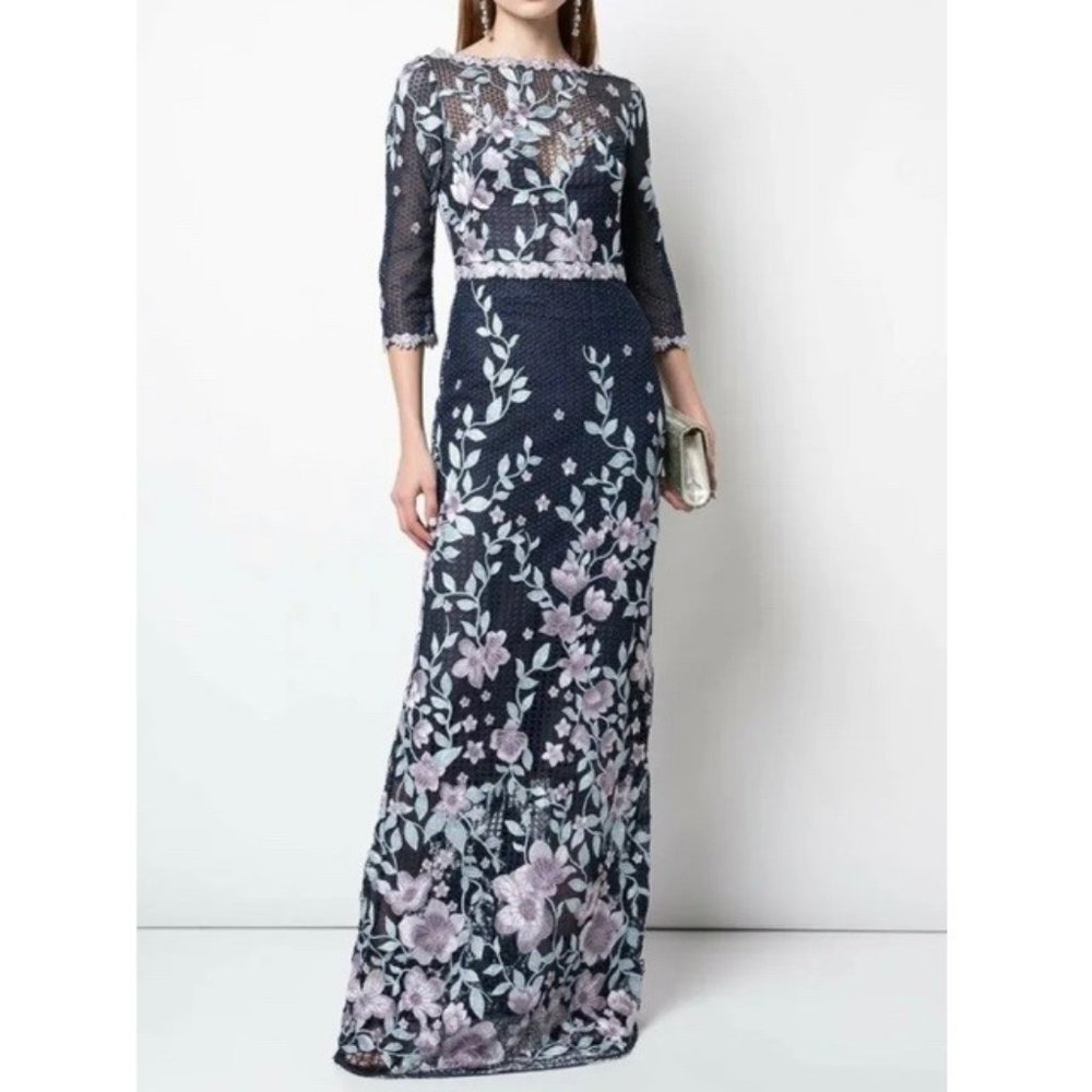 Marchesa Notte Floral Embroidered Guipure Maxi Dress